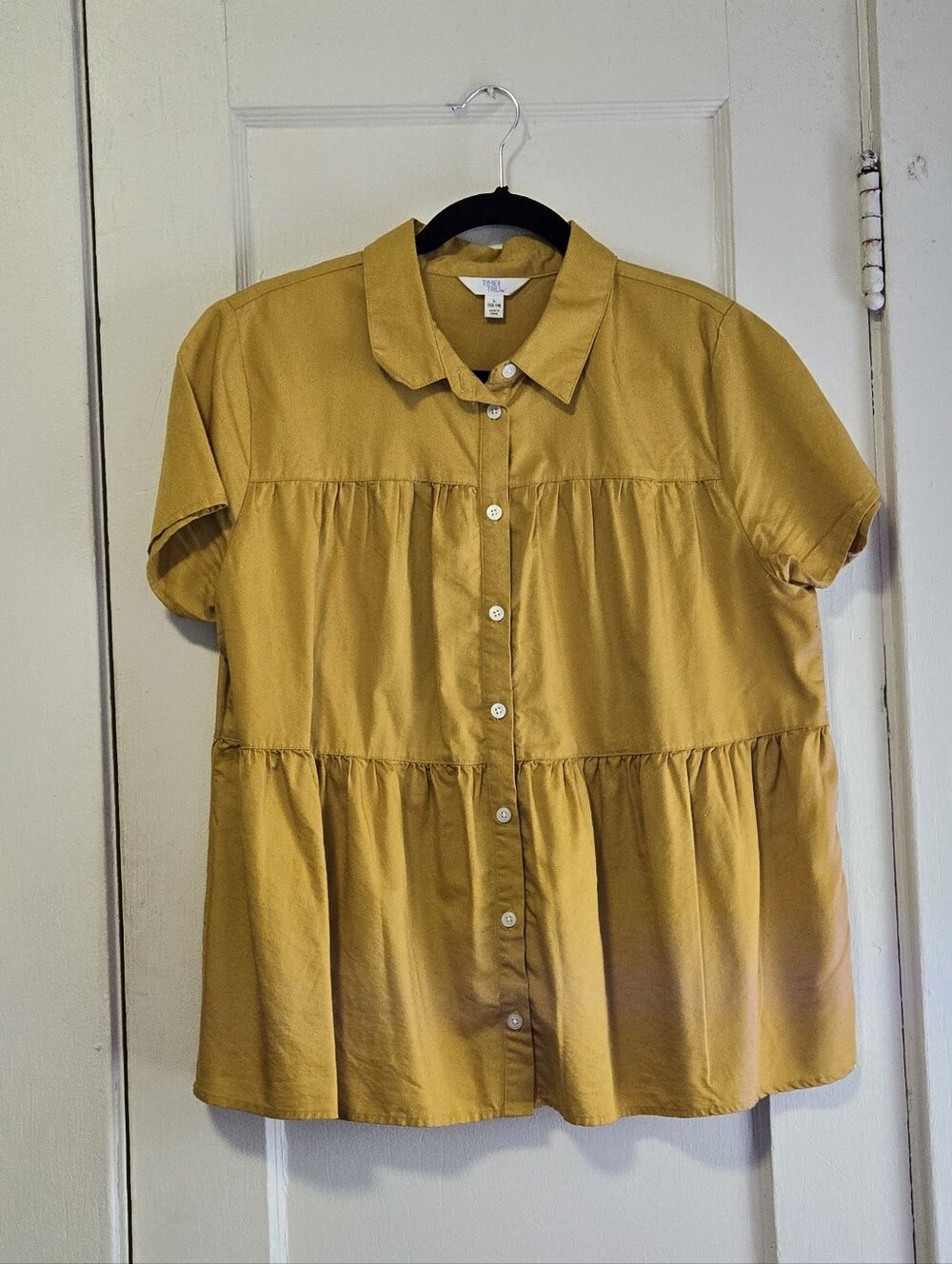 Time and Tru Mustard Short-Sleeve Button-Front Peplum Shirt